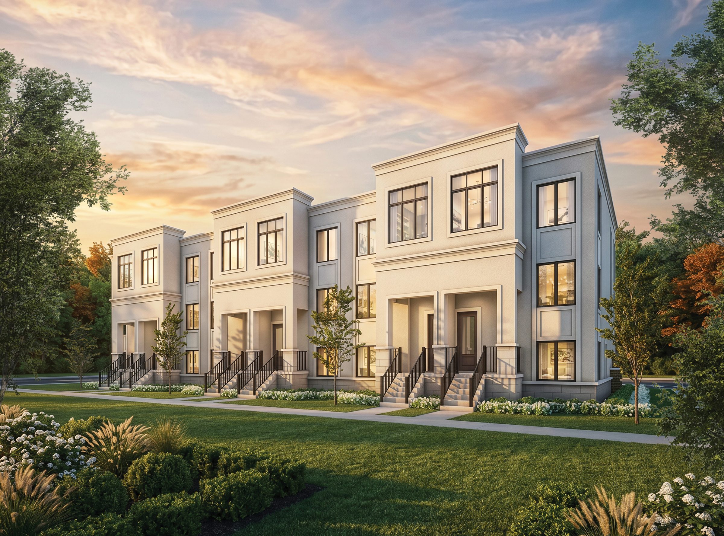 Preliminary rendering of The Valleys of Thornhill freehold townhomes at sunset