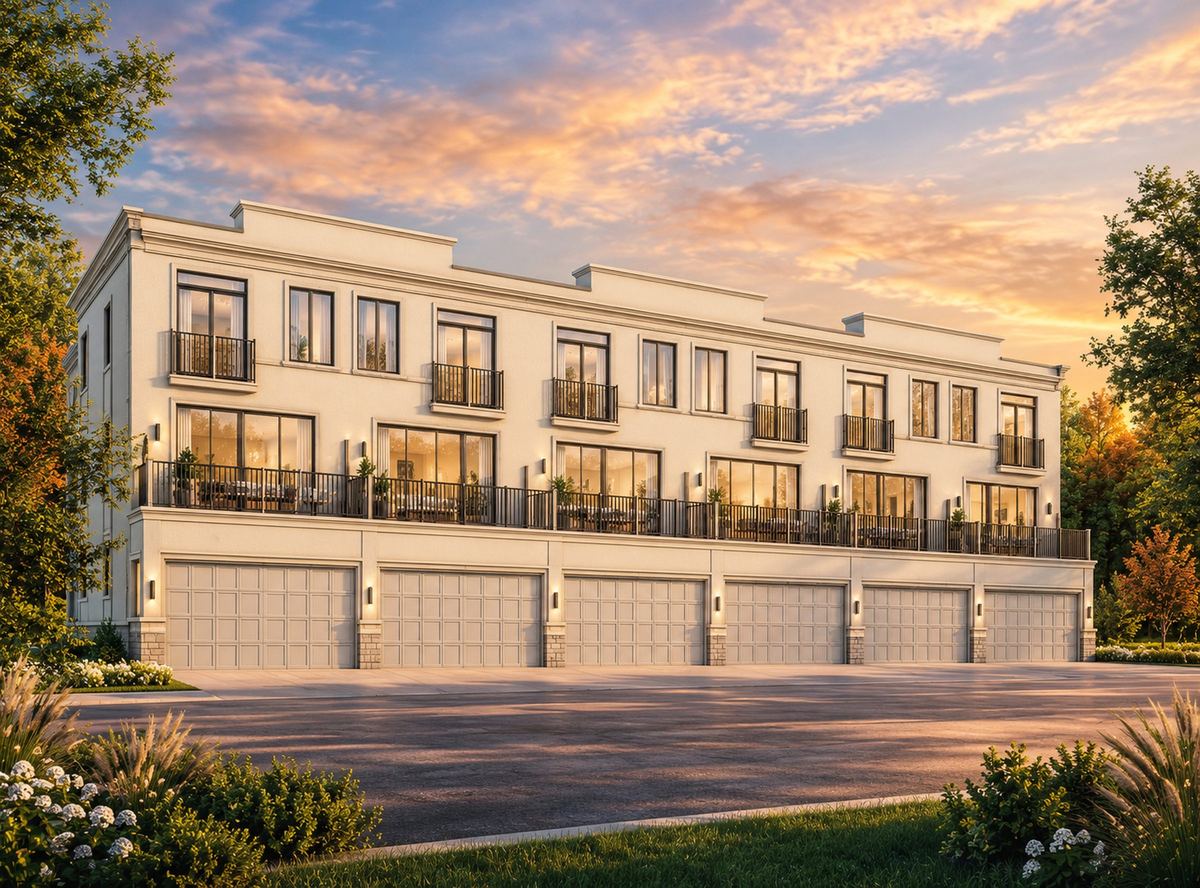 Preliminary rear elevation rendering of The Valleys of Thornhill townhomes with garages and balconies